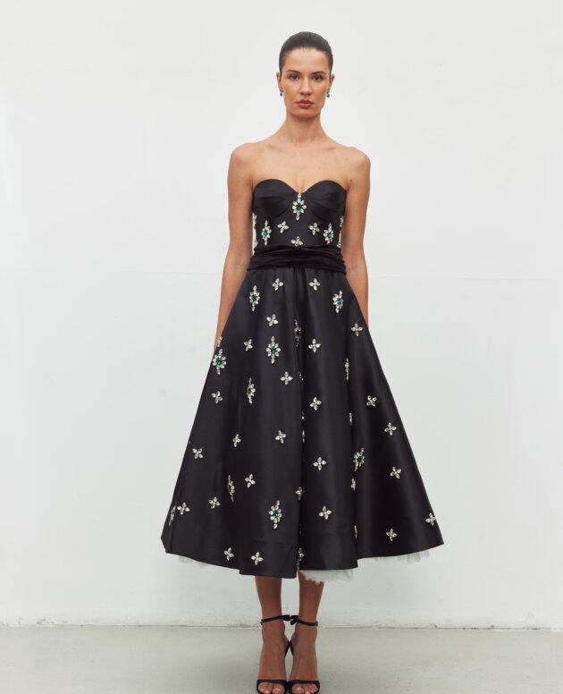 Floral Taş Straplez Midi Elbise